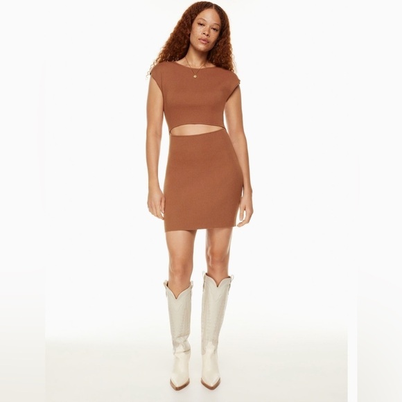 NWT Wilfred Cut Out Ribbed Knit Mini Dress Body Con Anise Brown SZ XS - Picture 1 of 11